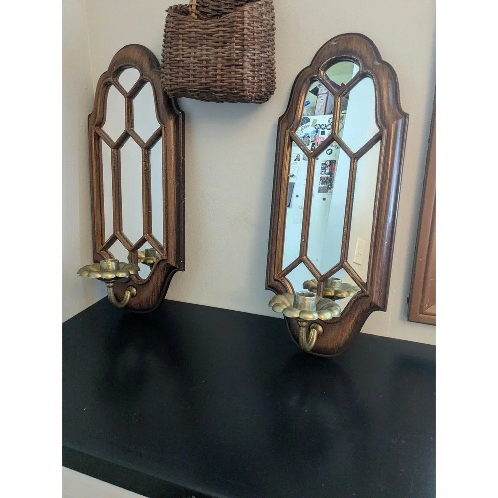 Vintage Faux Wood Metal Wall Sconce Mirrors Pair Candle Holders Gothic Decor